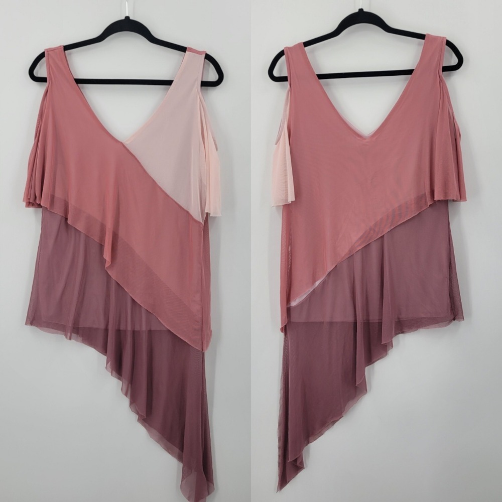 Vtg Y2K Venus Fairy Grunge Pink Layered Mesh Asymmetrical Top Sz L Cold Shoulder